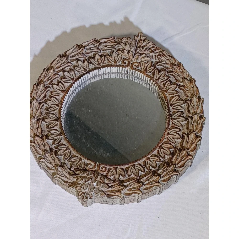 Brown Round 12 Inch Accent Wall Mirror Distressed Resin‎ Floral Shabby Decor